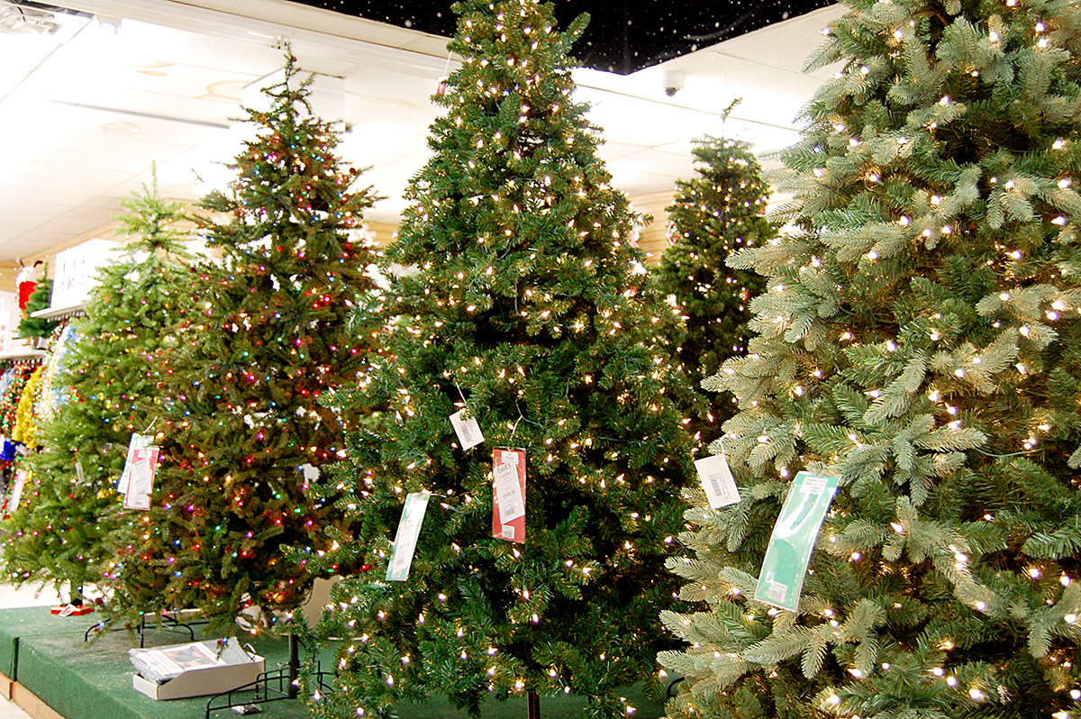 A display of artificial Christmas trees